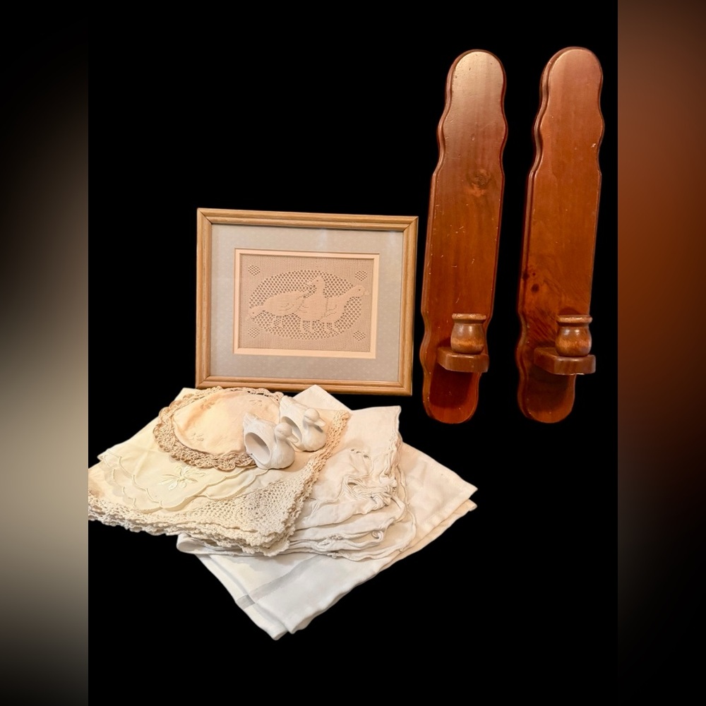 Cottage core bundle Wooden Wall Sconces, Vintage Linens, and more